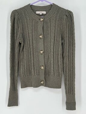 LOFT Olive Grey Green Cable Knit Puff-Shoulder Cardigan
